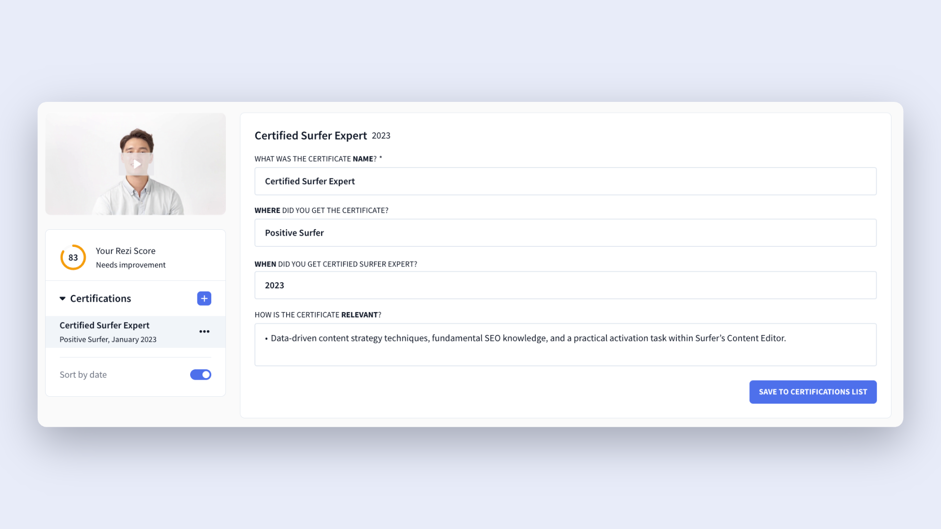 resume certifications section