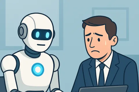 A white robot with glowing blue eyes sits across from a worried, sweating man in a business suit.