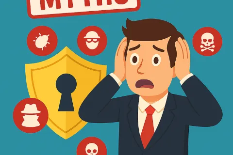 An anxious man holding his head, surrounded by icons representing digital threats (virus, hacker, skull and crossbones) and a security shield.
