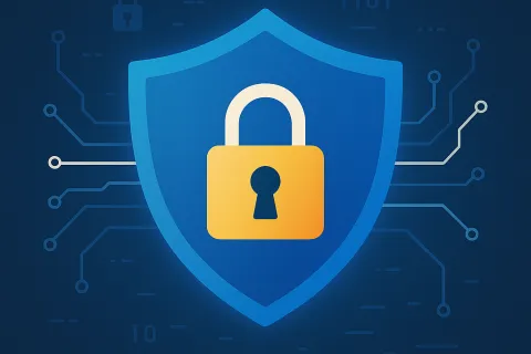 Blue shield with a golden padlock, symbolizing cybersecurity and data protection.