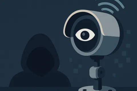 A smart surveillance camera with an eye in its lens and wifi signals monitors a shadowy figure in a dark hoodie.