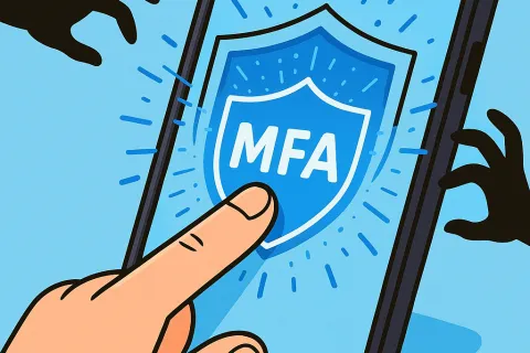 A finger taps a glowing MFA shield on a smartphone screen, warding off shadowy hacker hands.