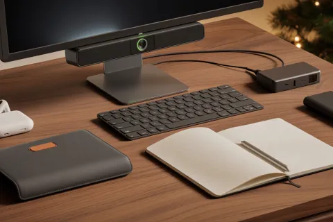 A tidy wooden desk features a monitor with an attached webcam, a wireless keyboard, a USB hub, an open notebook with a pen, a leather sleeve, and earbud case, with soft lights in the background.