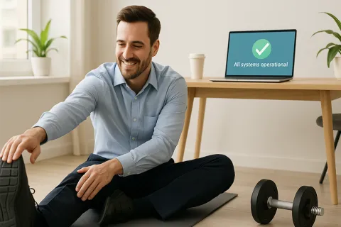 A smiling man in a blue shirt and trousers stretches on a mat next to his desk, where a laptop displays "All systems operational." A dumbbell sits on the floor nearby.