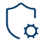 A simple blue outline of a shield with a small gear symbol partially overlapping its bottom right corner, representing security settings or protection configuration.