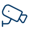 Simple line drawing of a security camera facing to the right, mounted on a wall bracket, depicted in dark blue on a light background.