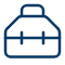 A simple blue line drawing of a toolbox with a handle on top and two horizontal latches on the front.