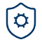 Simple blue outline icon of a shield with a gear symbol in the center, representing security settings or system protection.