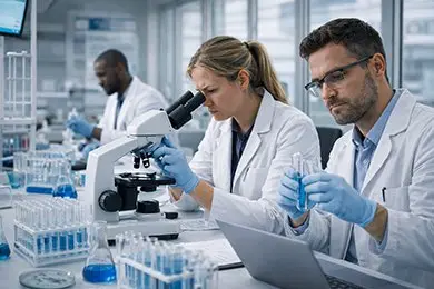 Biotech scientists in lab coats conducting research with microscope and samples in modern laboratory