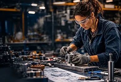 Female industrial worker with safety glasses assembling precision parts in manufacturing facility