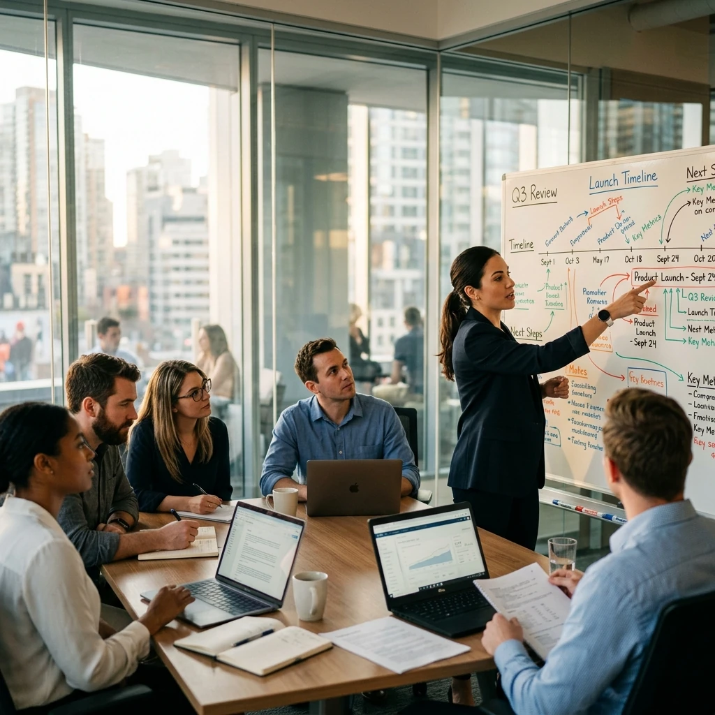 Team gathered in a glass-walled conference room for a debrief, whiteboard filled with a timeline and handwritten notes in multiple colors, one person standing and pointing at the board while others sit with laptops open, natural daylight streaming in