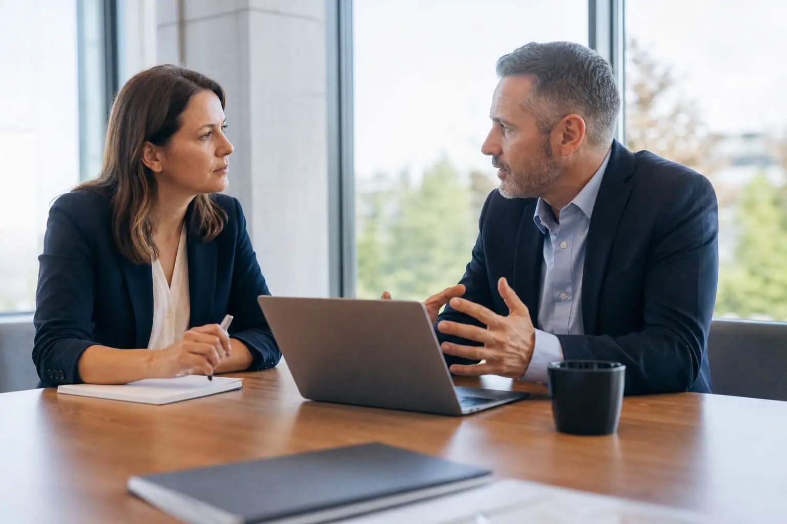 Two business professionals in a serious discussion over a laptop in a modern office meeting