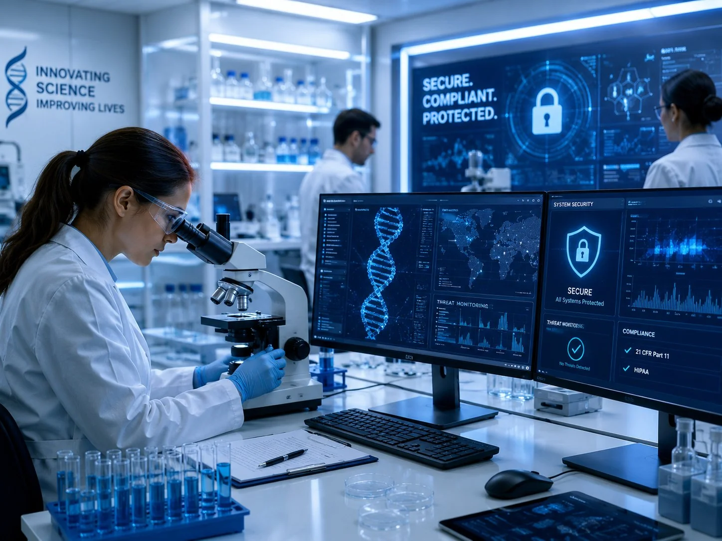 Biotech researcher using a microscope in a lab beside dual monitors showing DNA analysis and a secure data-protection dashboard