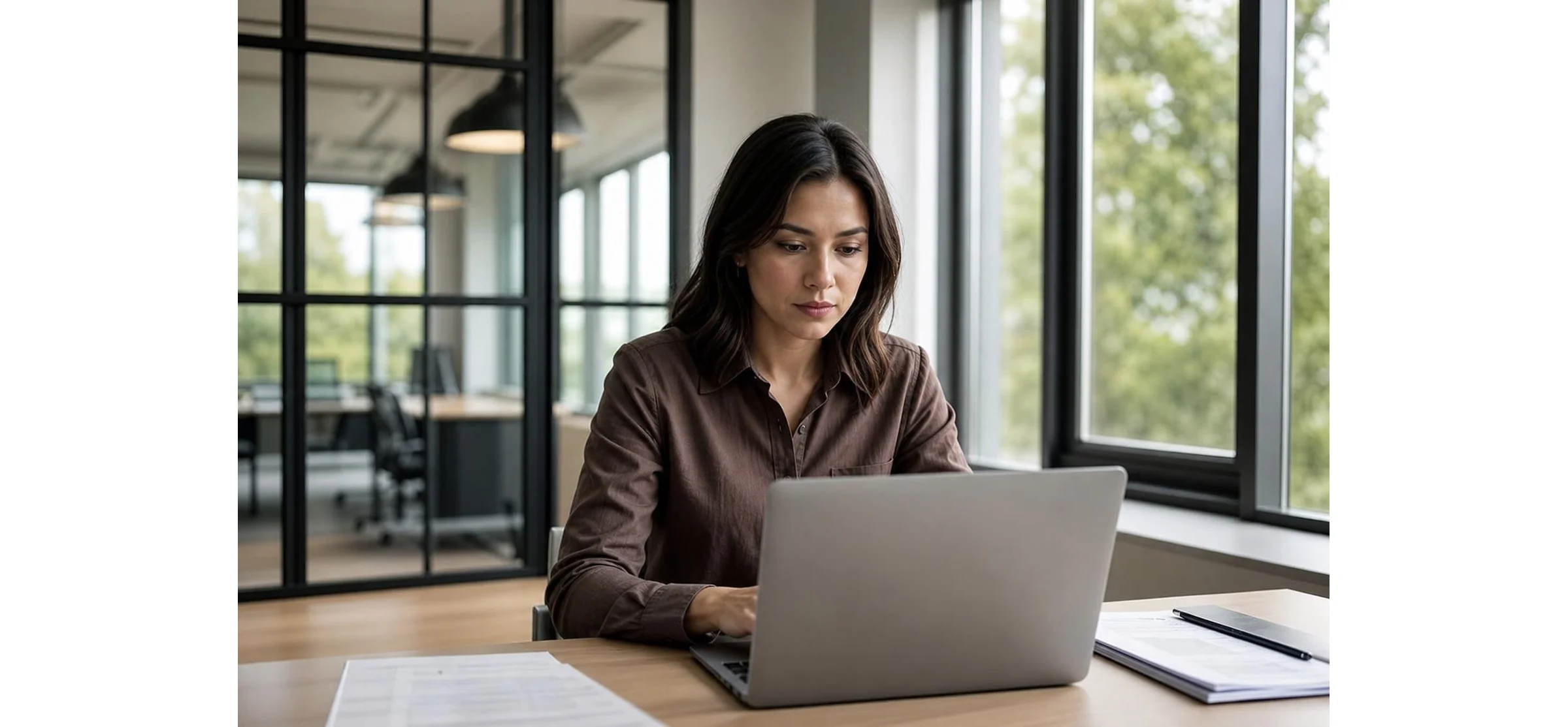 Professional woman working on a laptop at a desk in a bright, modern office beside a large window