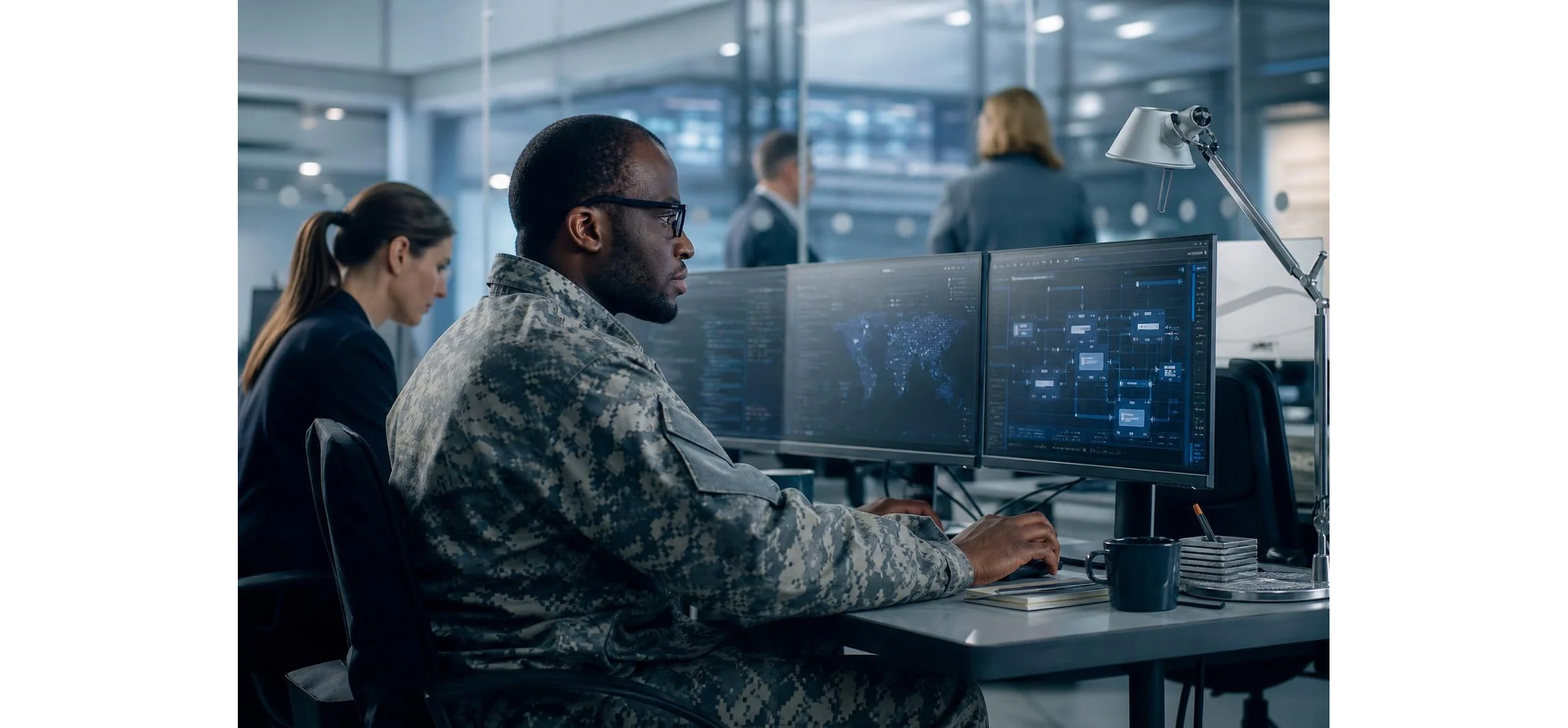 Military service member in camouflage uniform working at multi-monitor workstation showing a world map and network diagrams