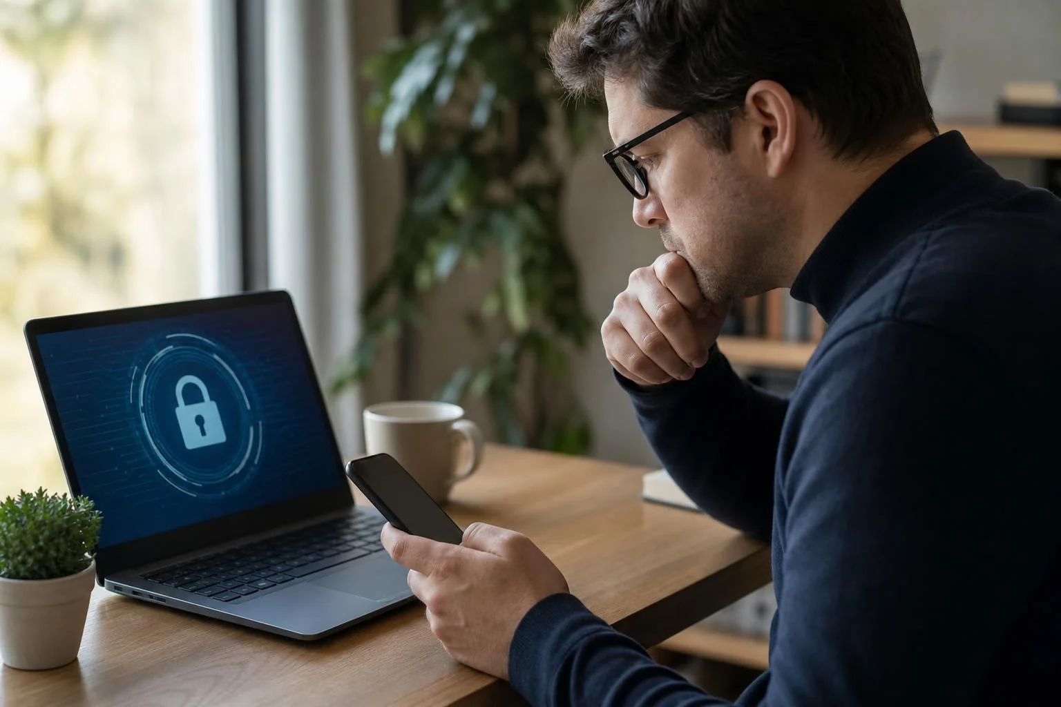 Man holding a smartphone and looking thoughtfully at a laptop displaying a security padlock icon on its screen