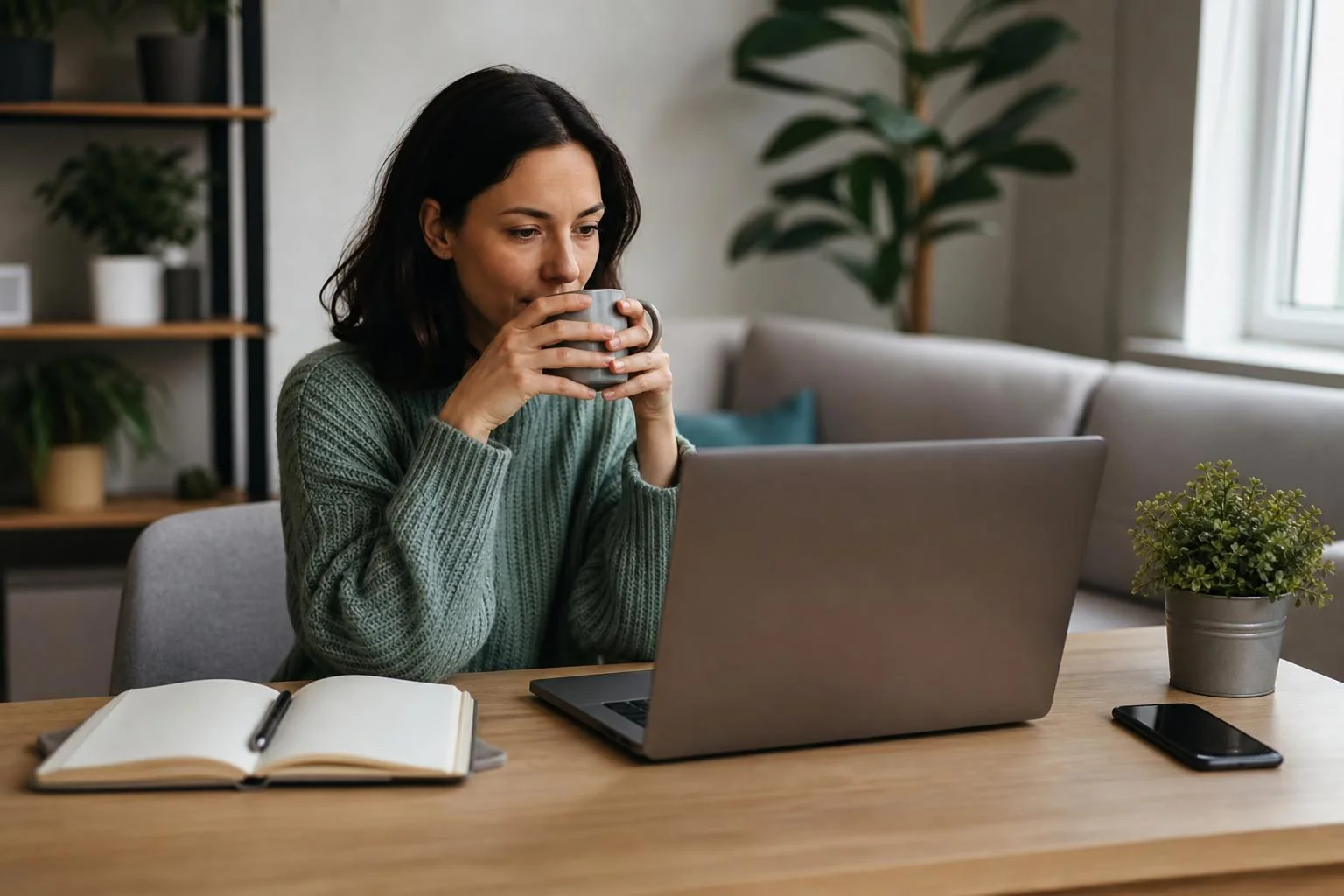 Woman drinking coffee while working on a laptop at a table in a cozy home setting