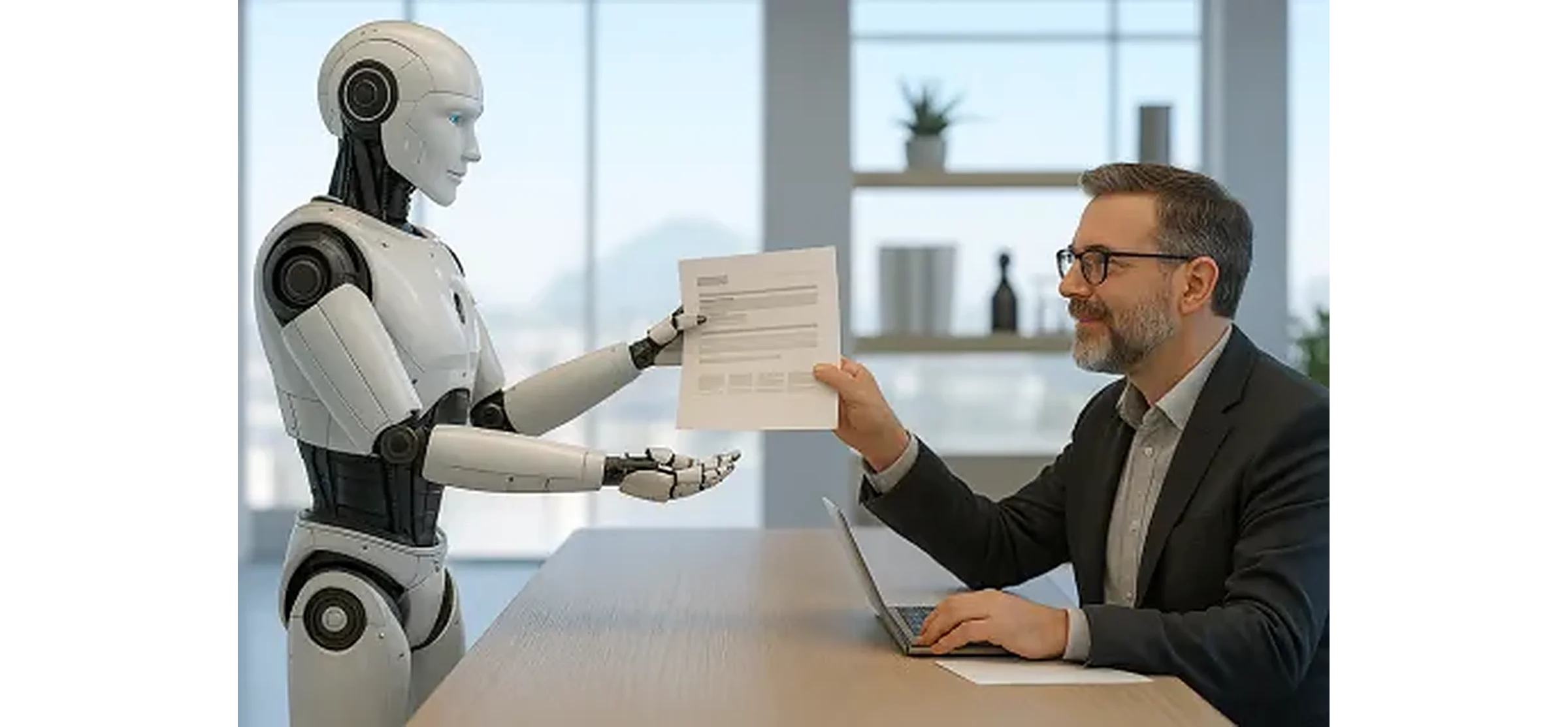 Humanoid AI robot handing a document to a businessman with a laptop across an office desk