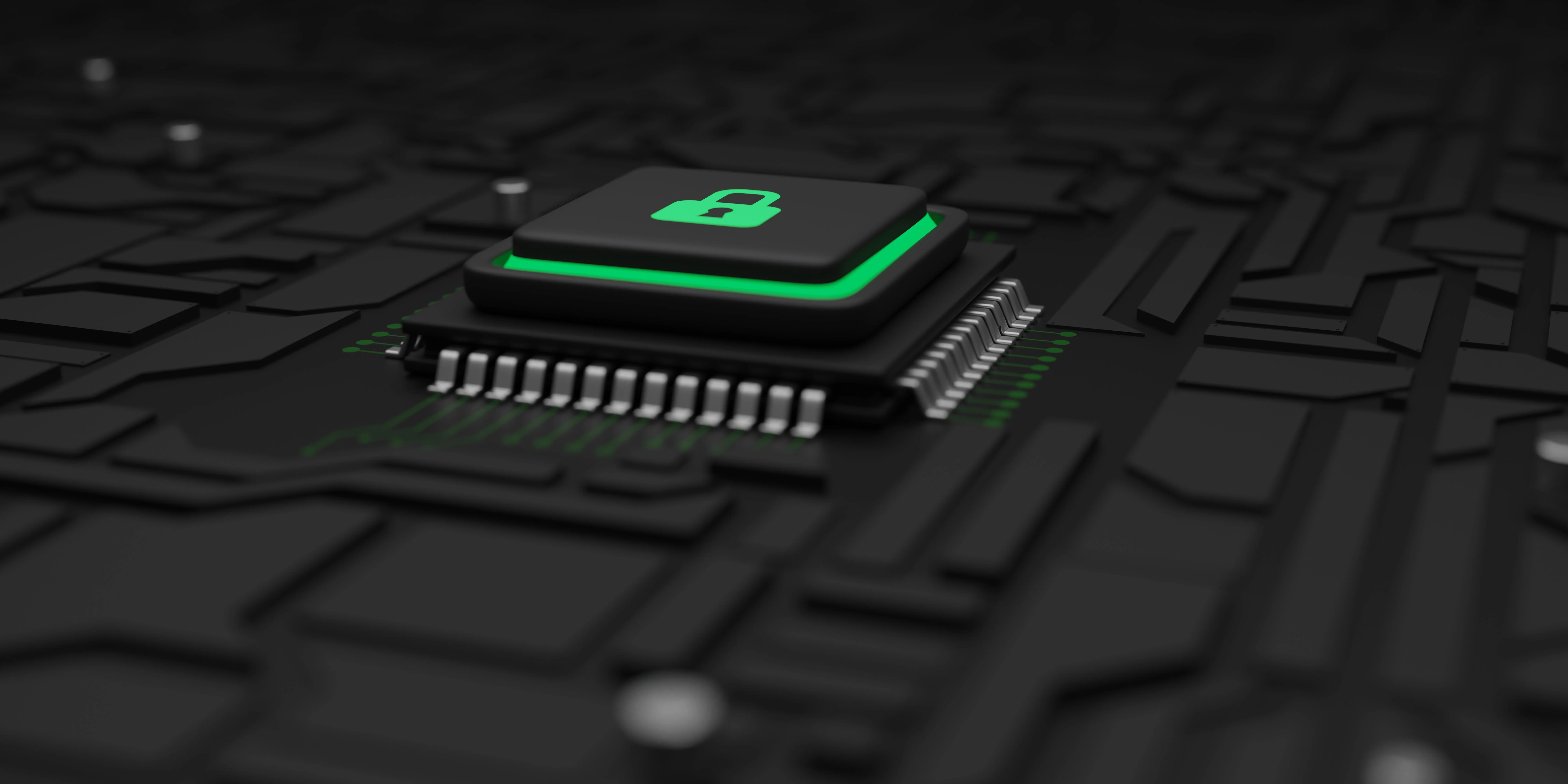 3D render of a computer chip with a glowing green padlock icon on a dark circuit board, representing hardware and data security