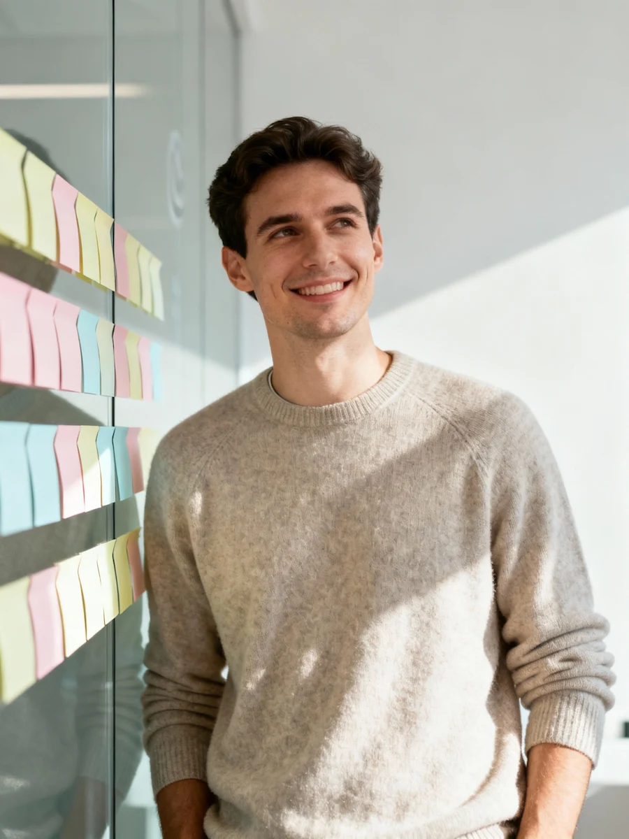 Young man smiling and looking away while standing next to a glass wall covered with colorful sticky notes.