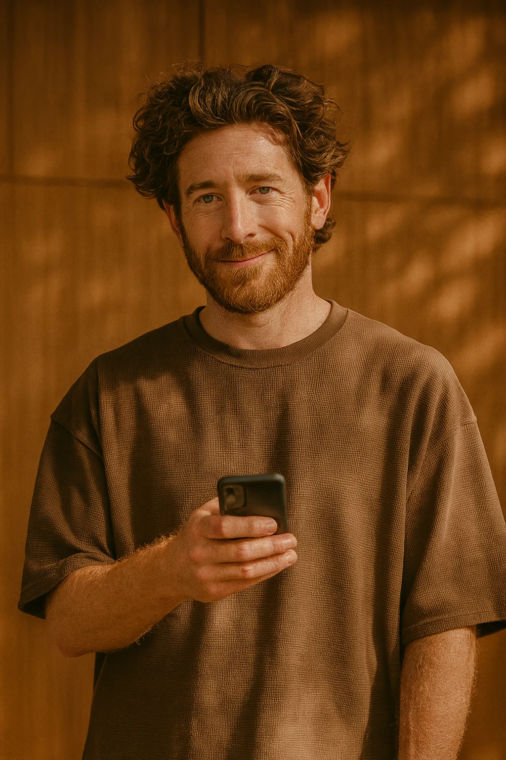 Smiling man with curly hair and beard wearing a brown shirt, holding a smartphone.