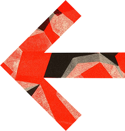 Flecha hacia la izquierda con patrón geométrico en rojo, negro y gris.