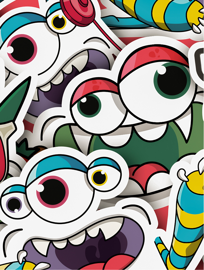 Varias calcomanías de dibujos animados coloridos con ojos grandes y expresiones divertidas.