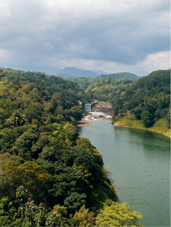 Río rodeado de abundante vegetación y colinas con un edificio pequeño junto al agua bajo un cielo nublado.