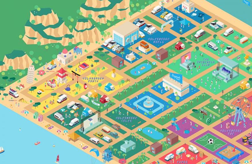Mapa ilustrado de un parque temático con diferentes áreas, edificios, montañas y actividades recreativas.