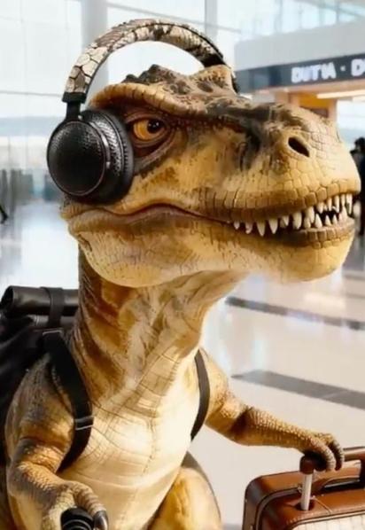 Dinosaurio animado con audífonos, mochila y maleta en un aeropuerto moderno.