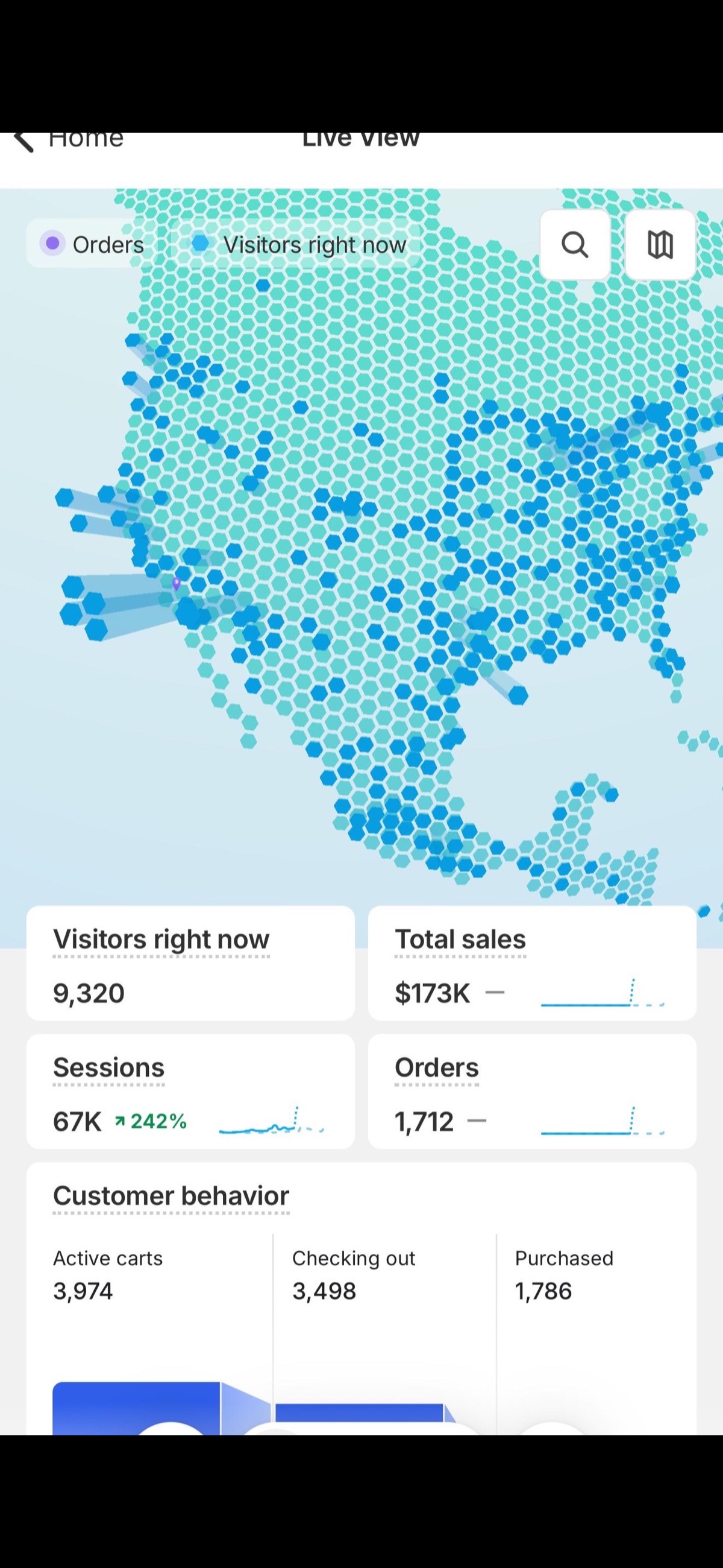 Shopify Live View — orders arriving across the US in real time
