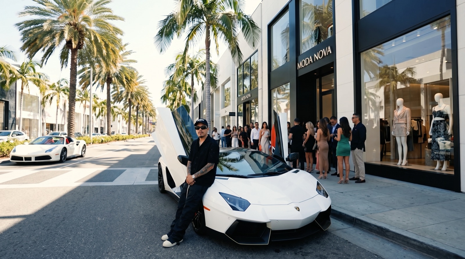Buyers in front of a luxury storefront on Rodeo Drive