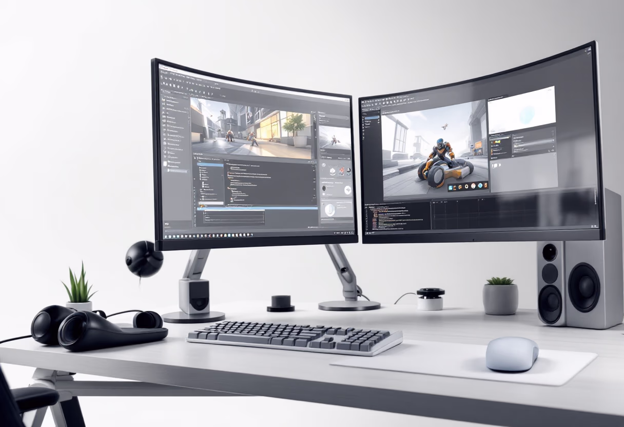 image of desk setup with computer (for a game development company)