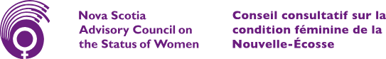 Logo of Nova Scotia Advisory Council on the Status of Women with stylized female symbol and arcs.