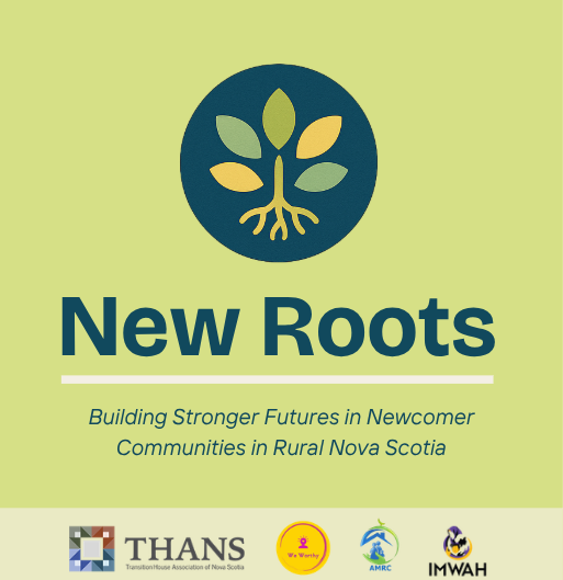New Roots logo with a stylized plant and roots, plus text about building stronger futures in rural Nova Scotia.
