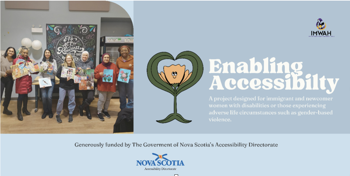 Group of seven diverse women holding artwork standing in a room with an accessibility project sign.