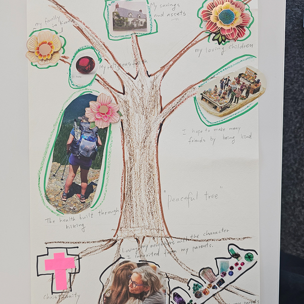 Hand-drawn tree of life with photos and notes about family, hiking, religion, savings, and friends.