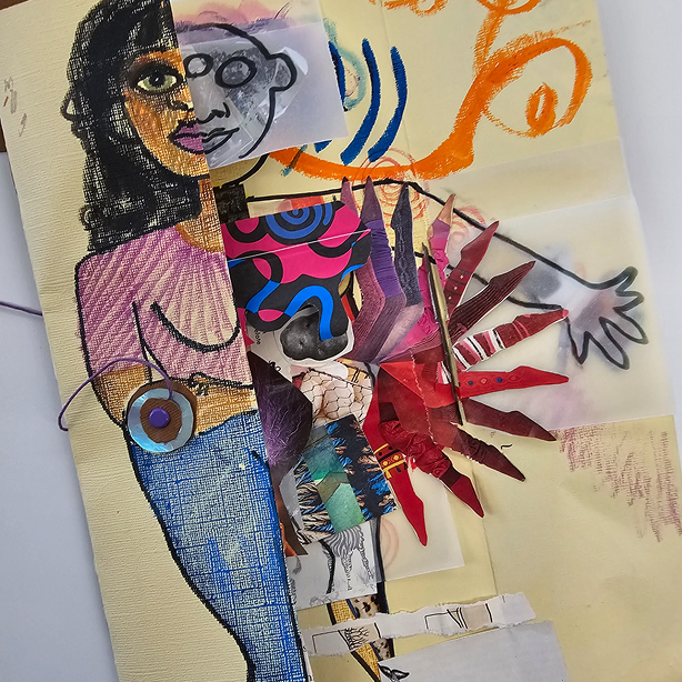 Mixed media artwork featuring a split face, colorful patterns, and layered paper cutouts on a cream background.