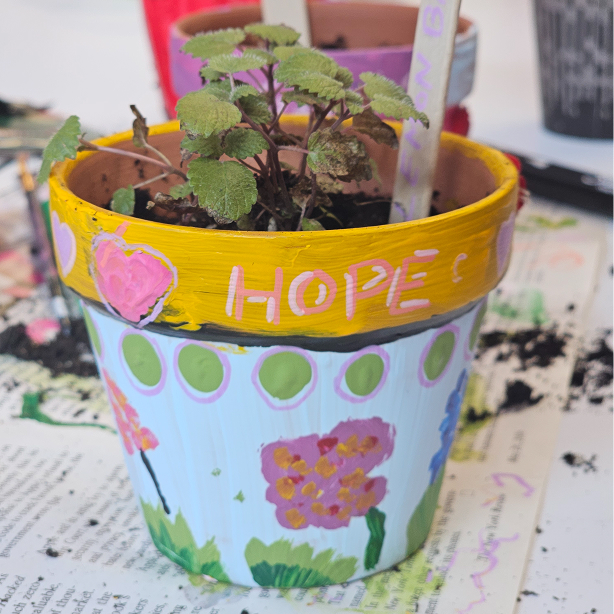 Small plant in a painted flower pot with the word 'HOPE' and colorful flowers.