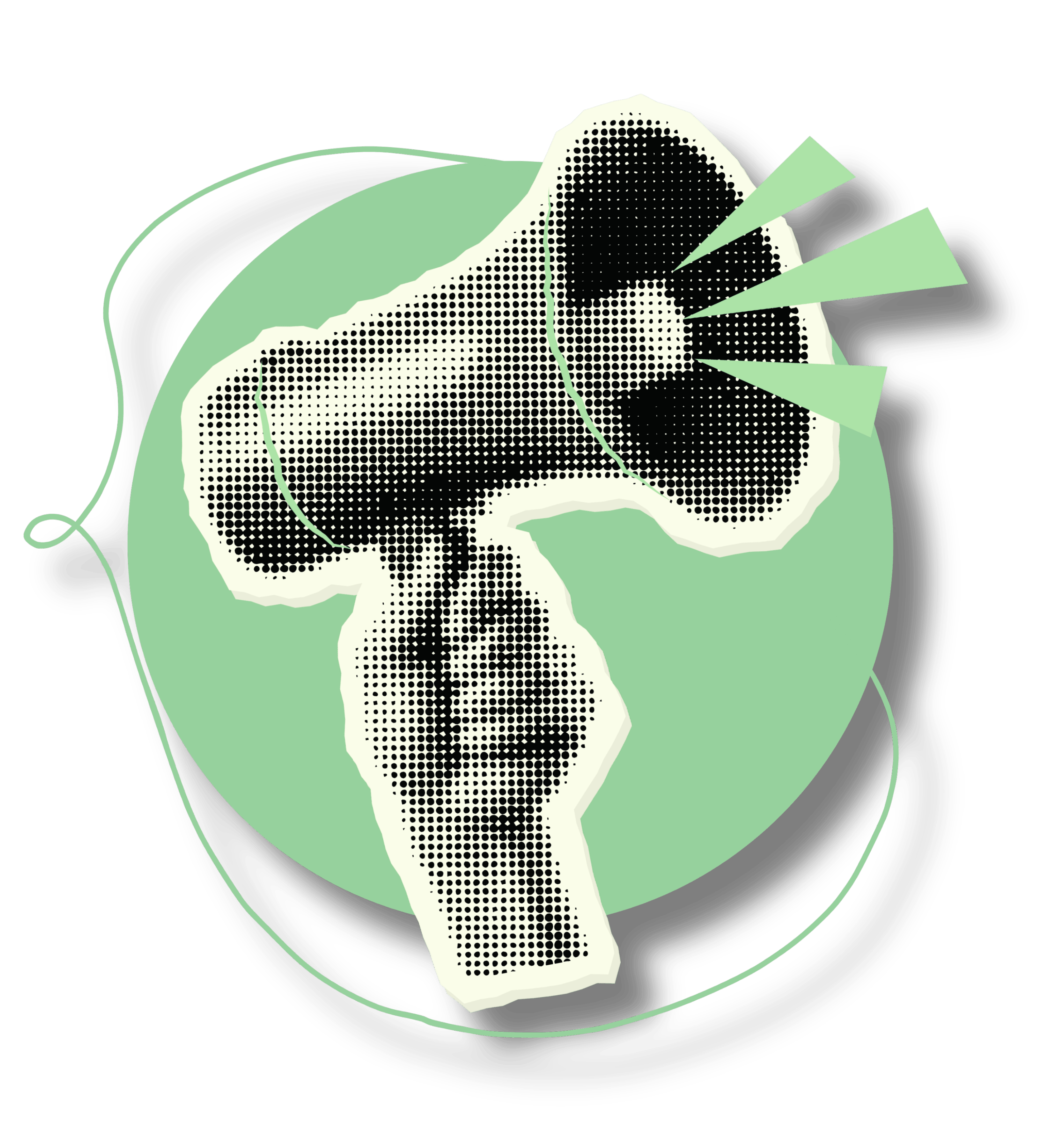 Black and white halftone style hand holding a megaphone with green sound rays against a green circle background.