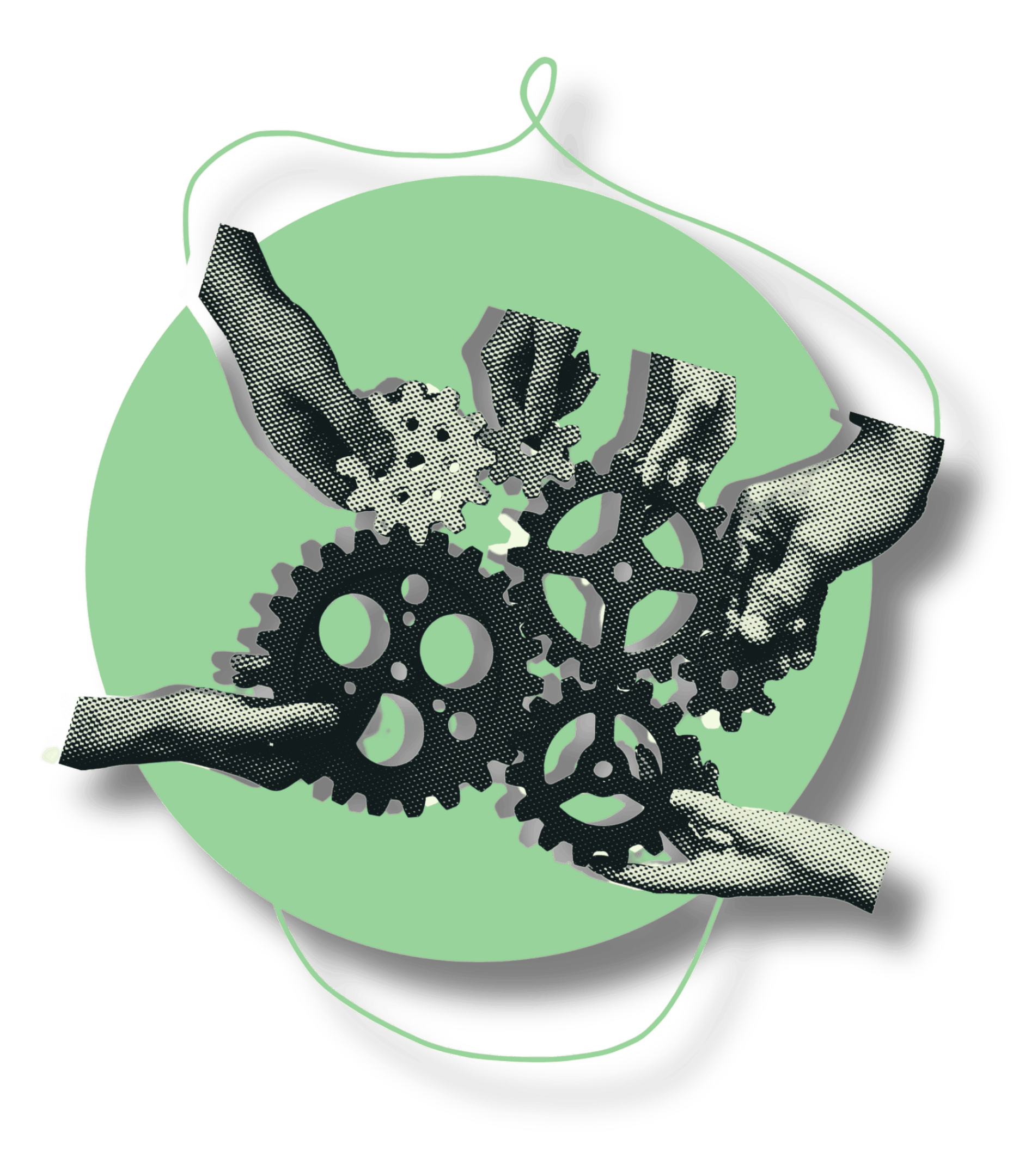 Six hands of different individuals connecting black gears inside a green circle, symbolizing collaboration.