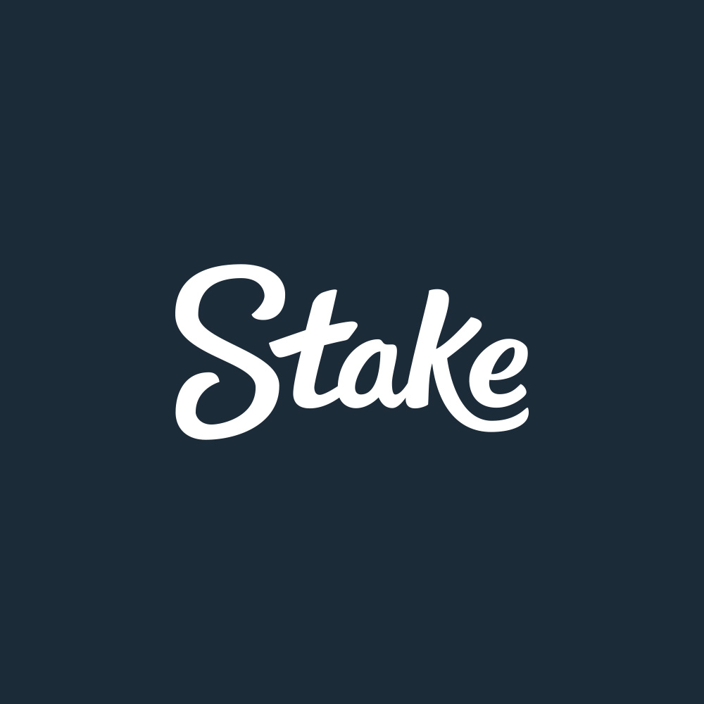White cursive text spelling 'Stake' on a dark blue background.