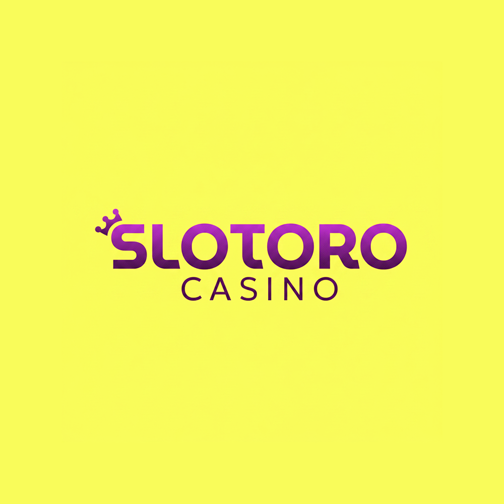 Purple Slotoro Casino logo with a crown on a bright yellow background.