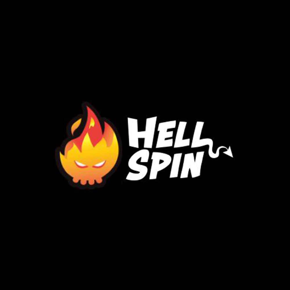 Flaming skull icon with white text saying Hell Spin and a devil tail on a black background.