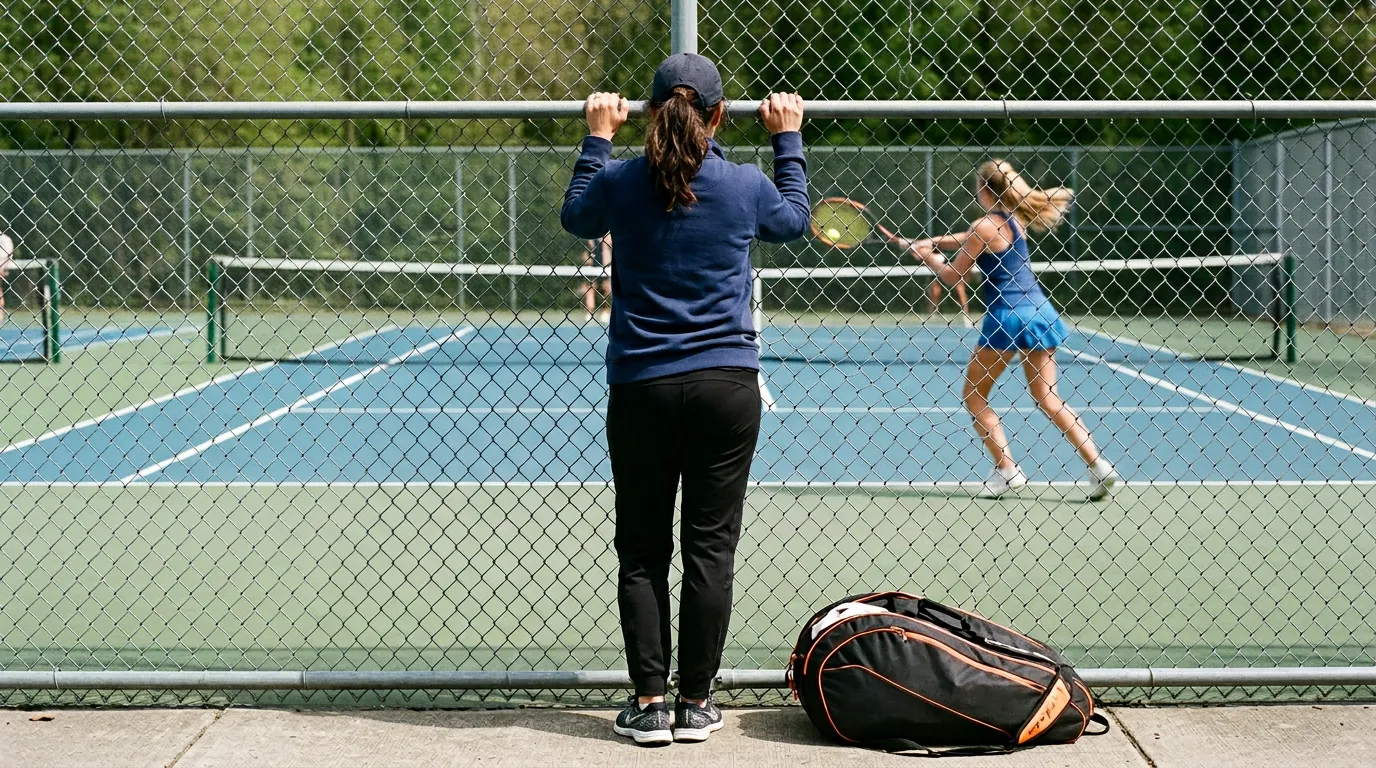 Woman in navy jacket watching a tennis player hit a ball through a chain-link fence.