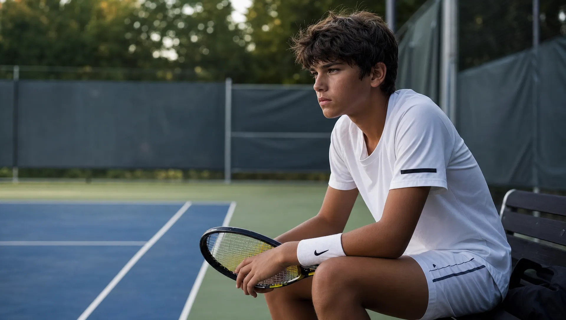 Teen boy in white sportswear holding a tennis racket, sitting on a bench by a tennis court.