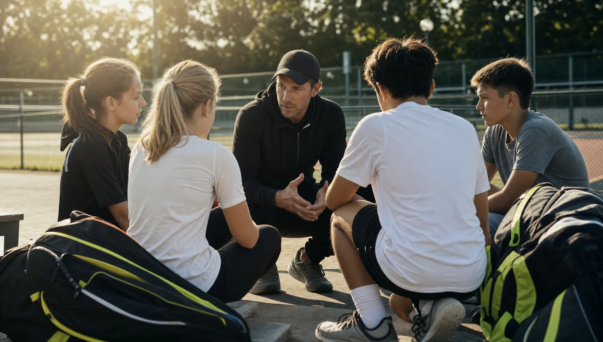 Coach talking to four youth athletes seated outdoors near tennis courts with bags beside them.