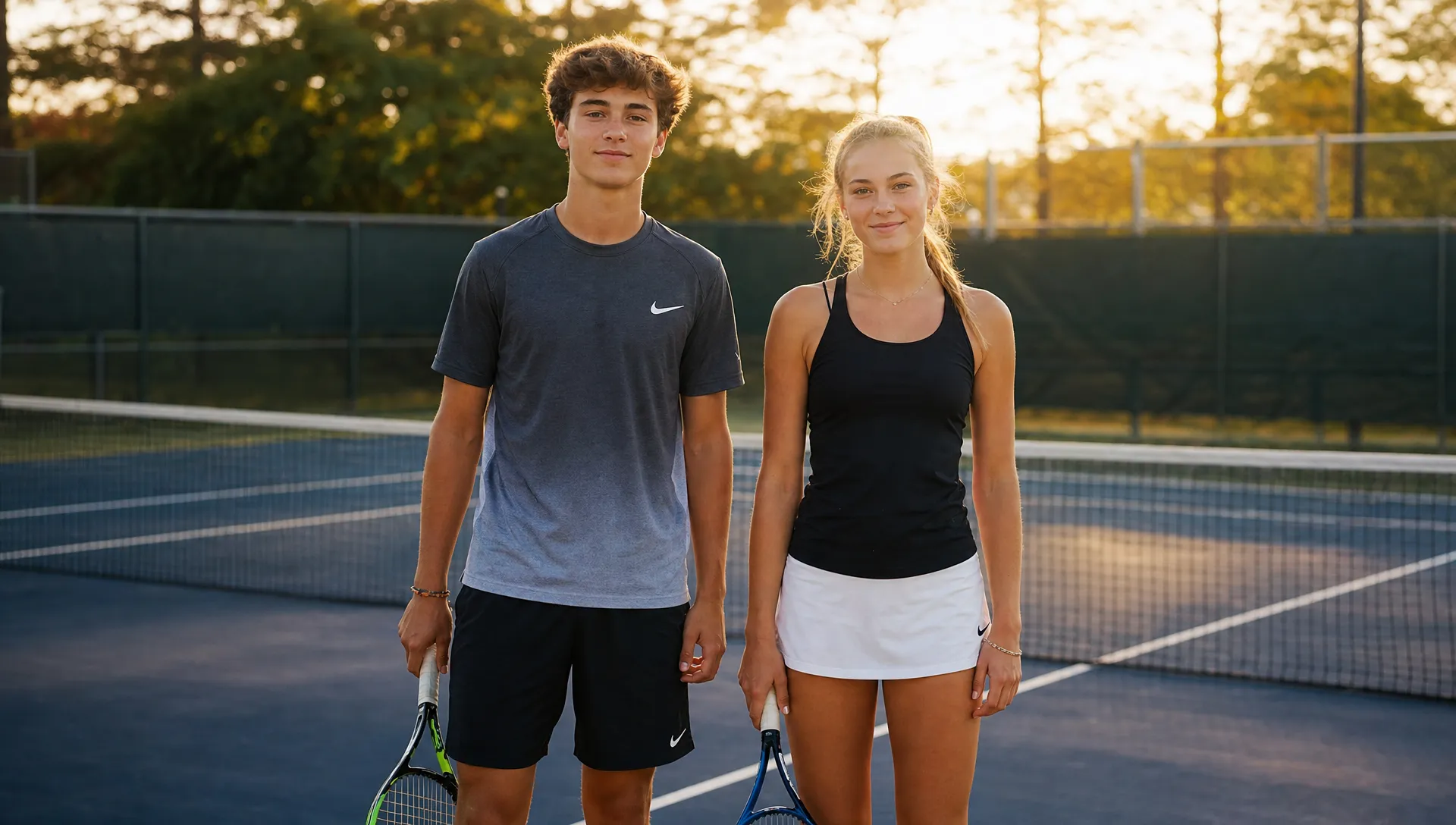 Teenage boy and girl standing on tennis court holding rackets at sunset.