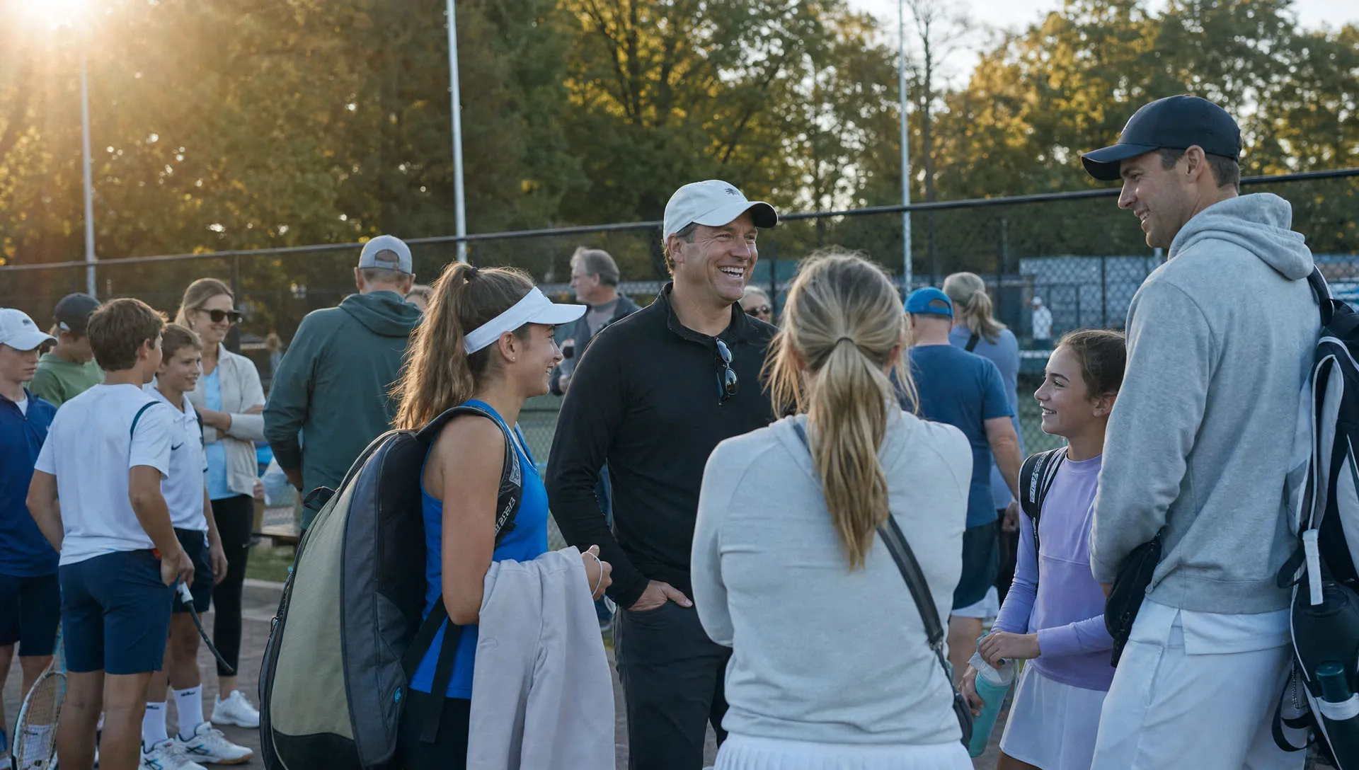 Group of adults and teens chatting and smiling on a tennis court at sunset.