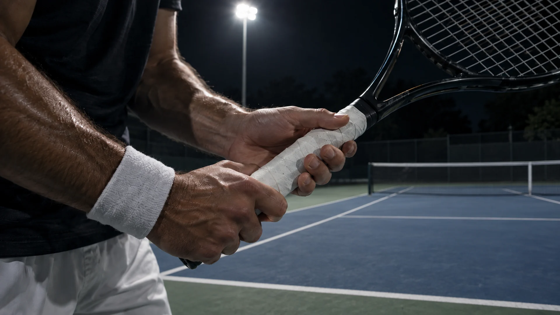 Close-up of a tennis player's hands around a racquet